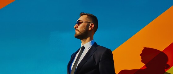 Stylish man in sunglasses poses confidently against a colorful backdrop, embodying modern elegance and professionalism.