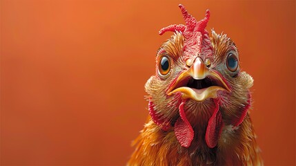 Cartoonish chicken, orange background, surprised expression, funny and quirky