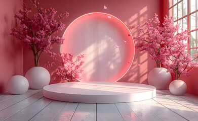 Wall Mural - White circle podium and pink valentine day.