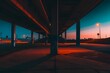 © Ben Kuang - Urban night scene with vibrant shadows and colors under a highway overpass.