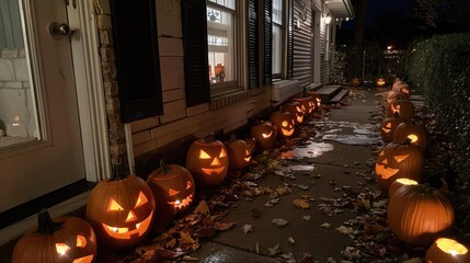 Poster - A path lined with lanterns and pumpkins