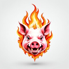 Wall Mural - burning flame fire pig head 3d art logo in plain white background 147