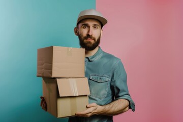 Man With Boxes. Delivery Service Business Concept on Colorful Background