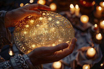 Astrologer's hands holding a glowing celestial map with intricate symbols for mystical guidance