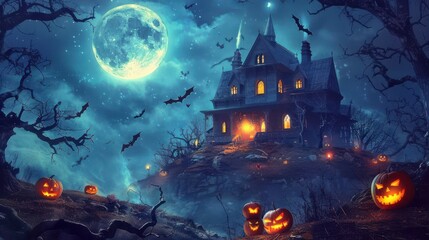 Wall Mural - a spooky halloween scene featuring a haunted house on a hill, surrounded by gnarled trees and illumi