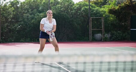 Wall Mural - Woman, tennis and court with fitness, racket and training with sunshine, exercise and contest. Person, outdoor and player with energy, practice and competition with hobby, activity and recreation