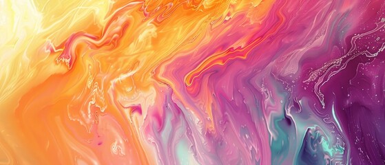 Wall Mural - Vibrant abstract fluid art with swirling colors of orange, pink, and purple creating a dynamic and mesmerizing visual effect.