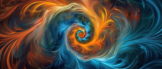 Wall Mural - Abstract art featuring a vibrant swirl of orange and blue colors blending together to create a captivating and dynamic visual effect.
