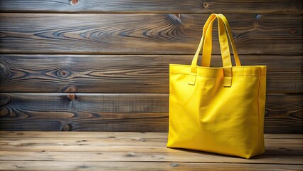 Wall Mural - A bright yellow tote bag laying on a wooden table , fashion, accessory, vibrant, color, style, trendy, Eco-friendly, recycled