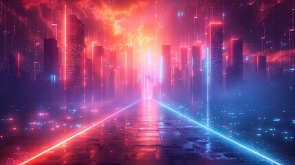 Poster - Vibrant Neon Cityscape With Futuristic Towers and Glowing Pathway at Night