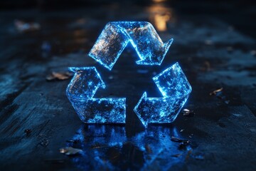 Poster - Luminous blue recycling symbols on dark rock symbolizing environmental sustainability and eco-friendly practices.