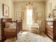 © Pornarun - A beautifully decorated nursery with a crib, armchair, dresser, and patterned rug. The room has a warm, inviting atmosphere.