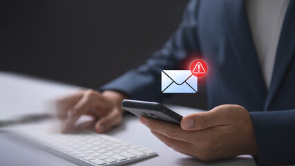 Fototapete - Email hacked warning alert notification, junk mail, scam malware spreading virus on message alert virtual on smartphone. potential cybersecurity threats and warnings.