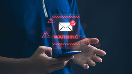 Fototapete - Email hacked warning alert notification, junk mail, scam malware spreading virus on message alert virtual on smartphone. potential cybersecurity threats and warnings.