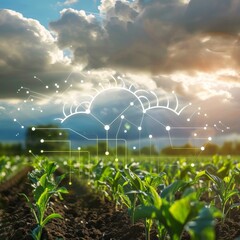 A field of green corn sprouts under a bright blue sky with white clouds. A network of lines connects the plants to the cloud, symbolizing technology and agriculture.