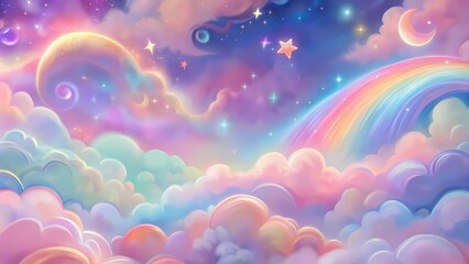 Wall Mural - a background of pastel rainbow unicorns with glittering stars. a dreamy, pink, fuzzy sky. charming r