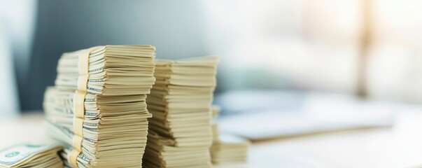 Office desk with organized cash stacks, highlighting the availability of capital for wages