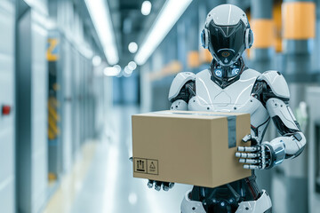 Android robot moves boxes in a distribution warehouse. Concept of automation and logistics in a warehouse