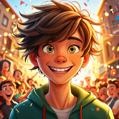 Young boy with brown hair and freckles, wearing a green hoodie, smiling brightly at the viewer. He stands amidst a crowd of people, some of whom are also smiling, creating a lively atmosphere.