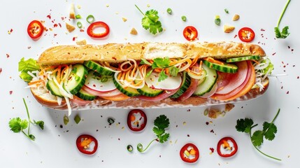 Wall Mural - A long sandwich with cucumbers, carrots, and peppers on top of a white plate