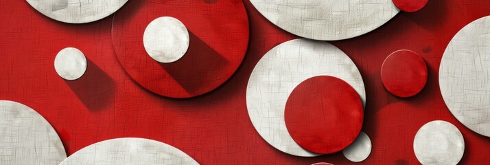 Canvas Print - A contemporary modern abstract design consisting of intricately layered red and white circles that feature soft shadows