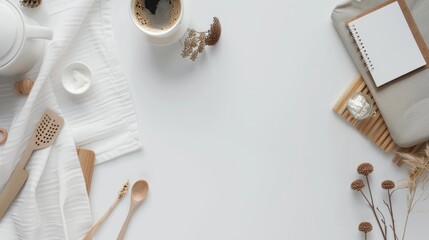 Sticker - Top view of home themed stationery and coffee on white background