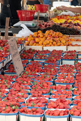 Wall Mural - Boxes with french sweet organic red ripe strawberries Fraises, harvested in France on local farmers market