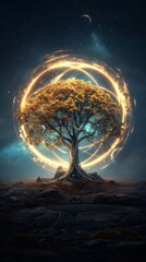 Wall Mural - glowing golden tree stands majestically on a rocky planet under a starry sky, radiating magic and my