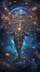 Wall Mural - majestic whale swimming through a cosmic ocean, its body adorned with a luminous tree of life, symbo