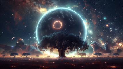 Wall Mural - giant tree stands tall on an alien planet. surrounded by swirling nebulae. twinkling stars. and mult