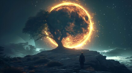 Wall Mural - man stands proudly on a mountain, gazing at a lone tree under a massive mysterious fiery moon in a s
