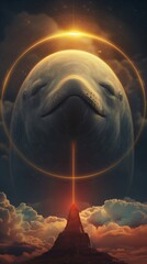 Wall Mural - giant dolphin is floating in space with a beam of light shooting out from its head and connecting wi