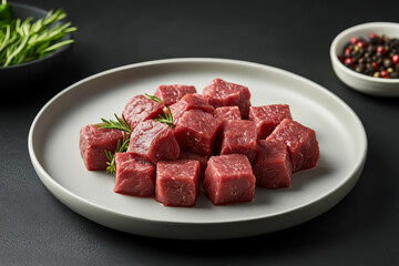 Fresh raw beef meat chopped in cubes on plate for cooking stew or meat dish