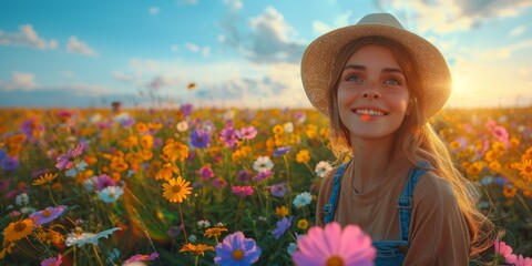 Poster - Smiling Girl in a Field of Flowers at Sunset