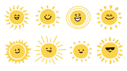 Wall Mural - Funny smiling sun set, various emotions, flat simple vector illustration. Cute summer sunshine emoji collection, doodle style