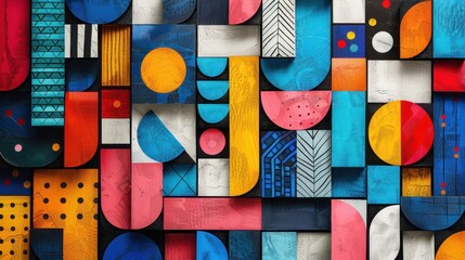 Wall Mural - vibrant geometric pattern featuring bold colors and diverse shapes, ideal for background or design p