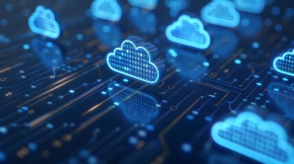 Blue digital cloud icons symbolizing cloud computing, data storage, and technology innovation on a dark background.