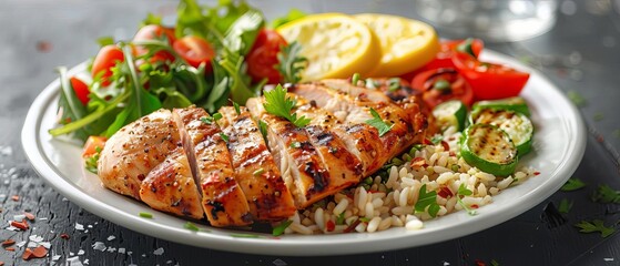 A balanced lunch plate with a serving of brown rice, steamed vegetables, and grilled chicken breast, high detail