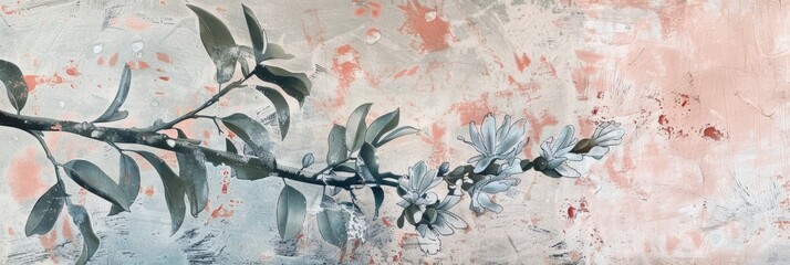 Wall Mural - An abstract artistic depiction of an Australian gum blossom branch against a mixed pastel background with hues of peach and blue, highlighting minimalist beauty and botanical elegance.