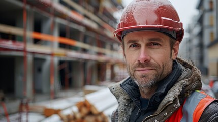 Construction Worker Smiling Near Ongoing Building Project on Overcast Day