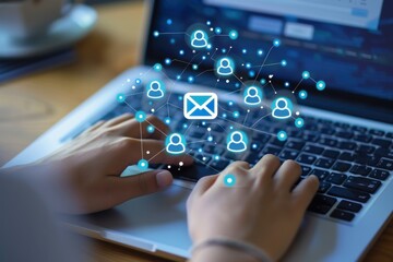 close up of hands typing on laptop with blue icons representing people and an open letter icon float