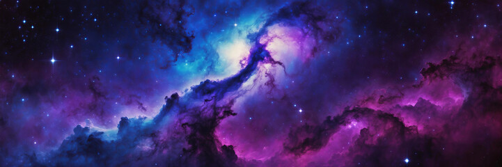 Wall Mural - background panorama of vast, swirling nebula with vibrant purple and blue, against backdrop of twink