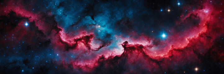 Wall Mural - background panorama of vast, swirling nebula with vibrant red and blue, against backdrop of twinklin