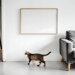 Wall Mural - Empty wooden horizontal frame for wall art mockup. The blurred figure of a cat walking past. Minimalist white interior.