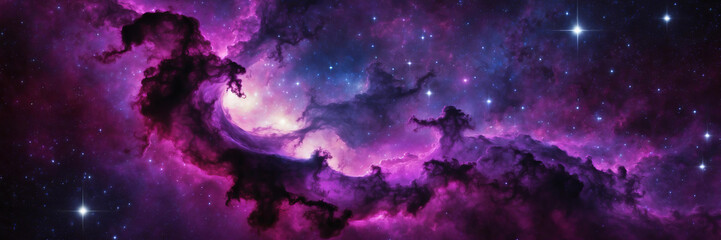 Wall Mural - background panorama of vast, swirling nebula with vibrant purple, against backdrop of twinkling star