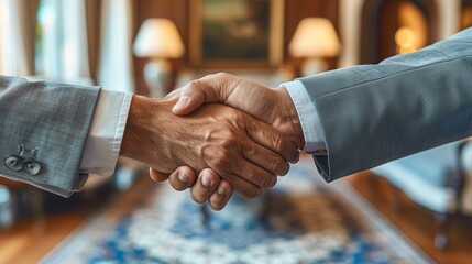 Professional Handshake Between Two Individuals in Elegant Office Setting During Daytime