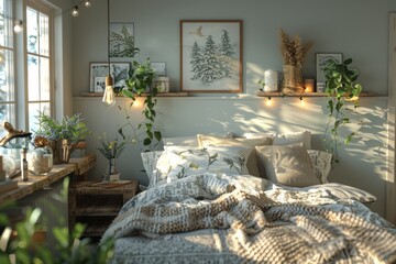 Wall Mural - Cozy Bedroom with Natural Elements and Warm Lighting