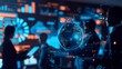 © Cheewynn - Business silhouettes analyzing digital globe in tech hub, 3D data analytics, futuristic setting