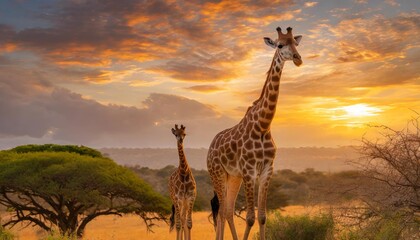 mother and calf giraffe in the middle of the sunset.