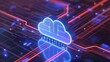 © Tackey - Futuristic cloud computing technology concept with neon glowing circuits, representing online data storage and digital innovation.